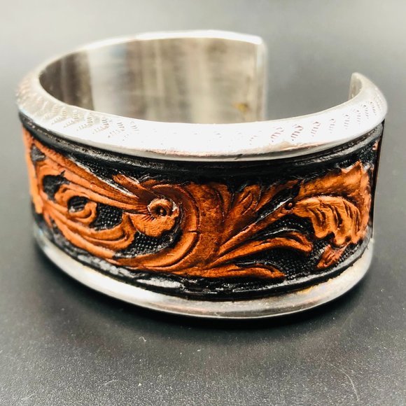 Vtg Peyote Bird Designer Tooled Leather Cuff Bracelet, Sterling Silver, 40.4 Gm - Picture 7 of 15